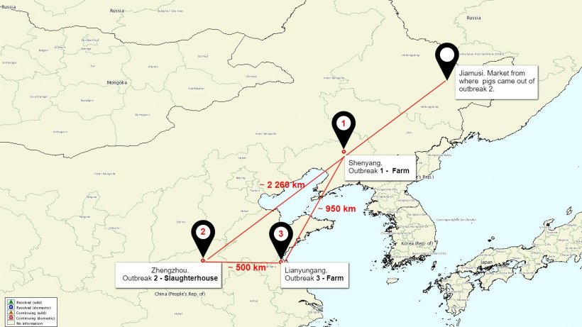 Location map&nbsp;of the ASF outbreaks&nbsp;in China
